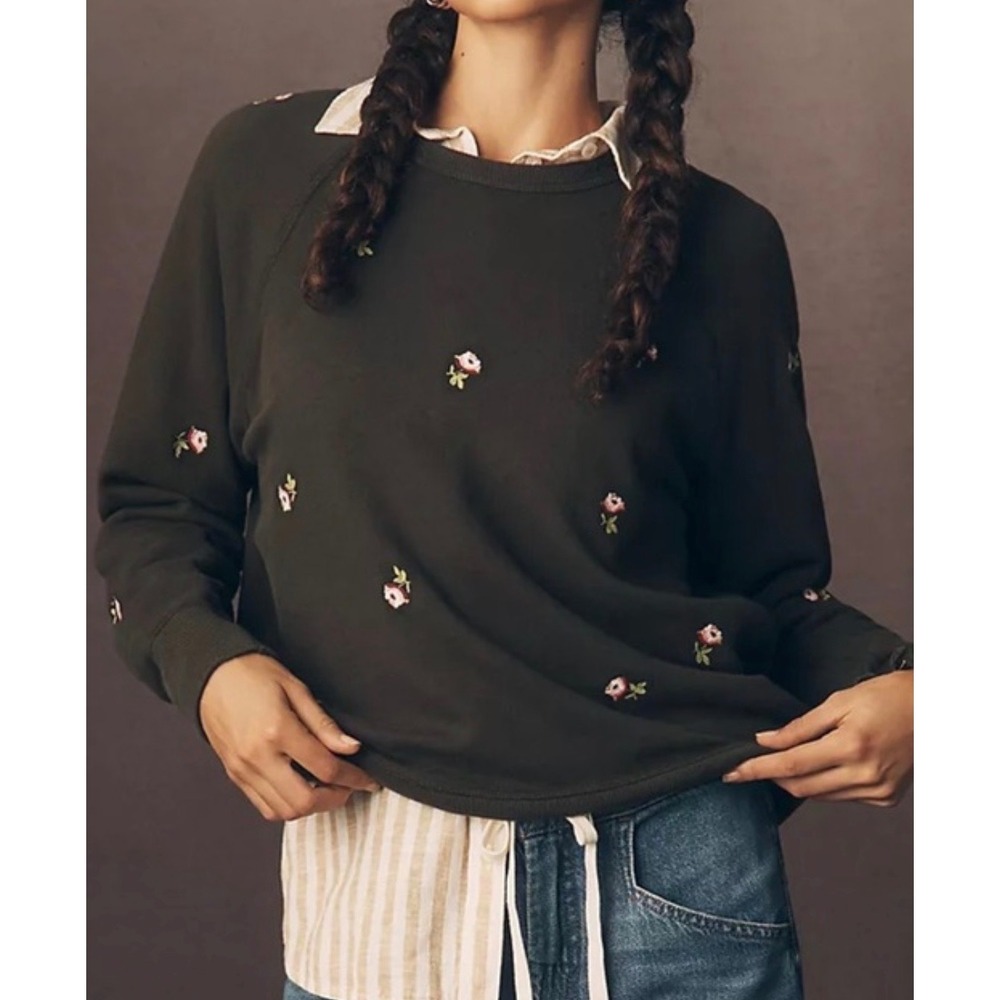 The Great Embroidered Floral Sweatshirt Women Size 1 Green Good Raglan Pullover